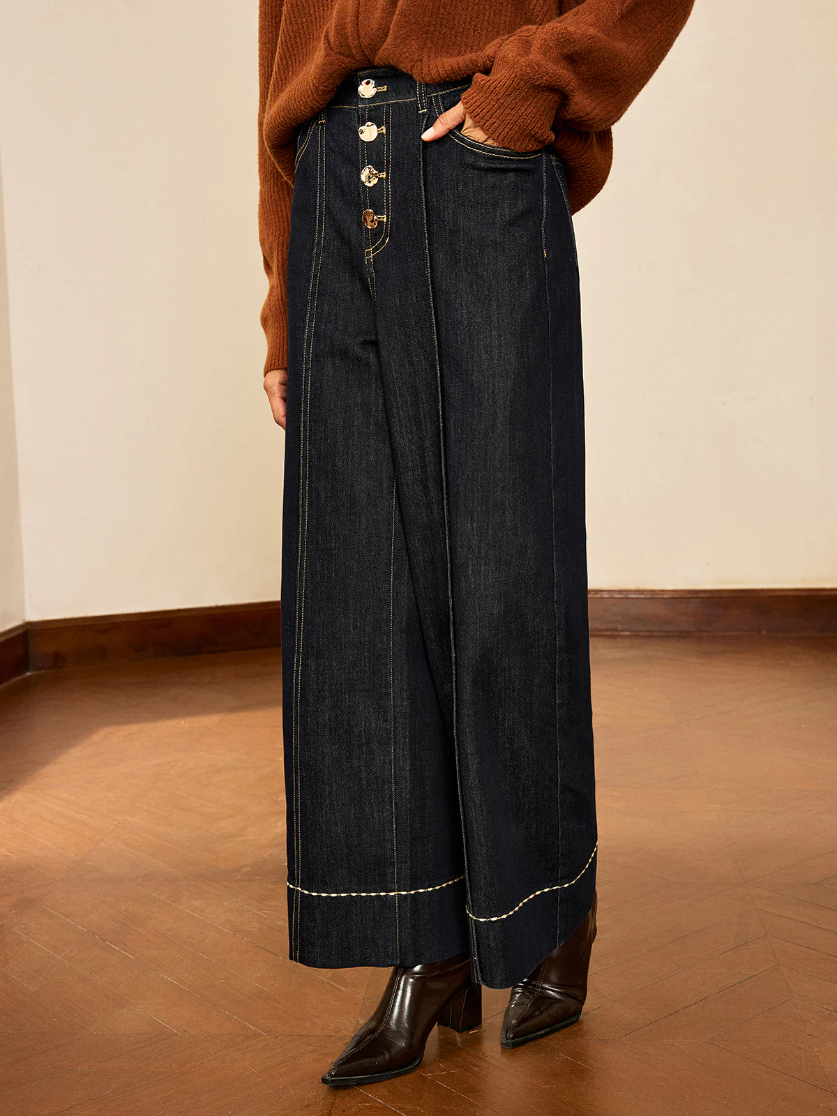 High-Waist Button Wide-Leg Denim Pants - Wholesalesil