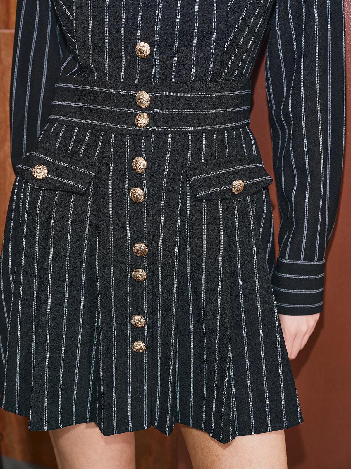 Metal Button Pinstripe Shirt Dress - Wholesalesil