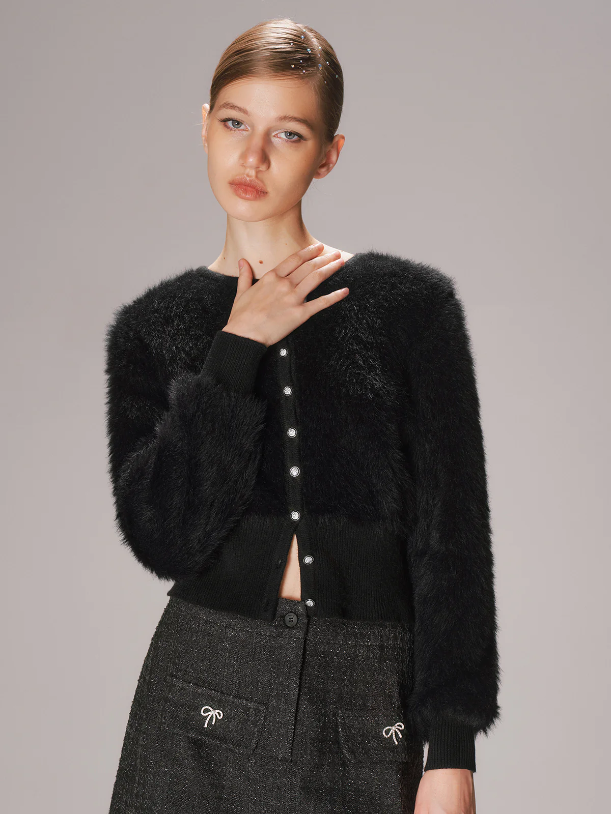 Button-Front Faux Mink Cropped Cardigan - Wholesalesil