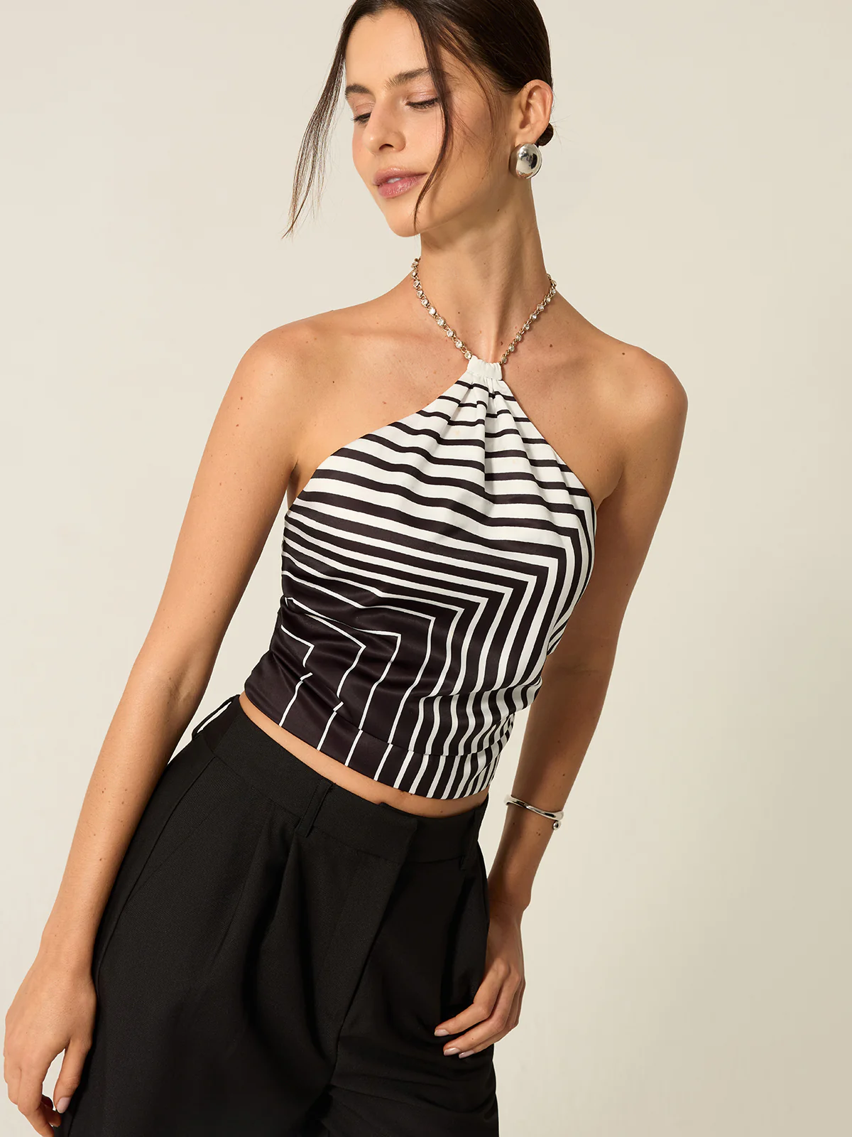 Striped Halter Top with Chain Strap - Wholesalesil