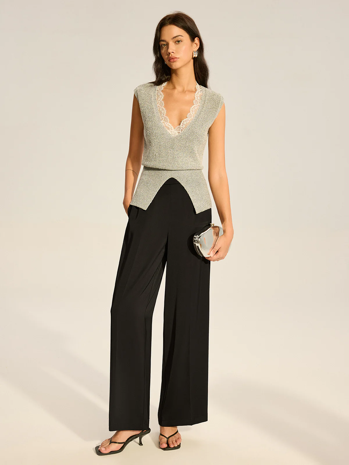 Lace-Trimmed Waist-Cinching Knitted Vest - Wholesalesil