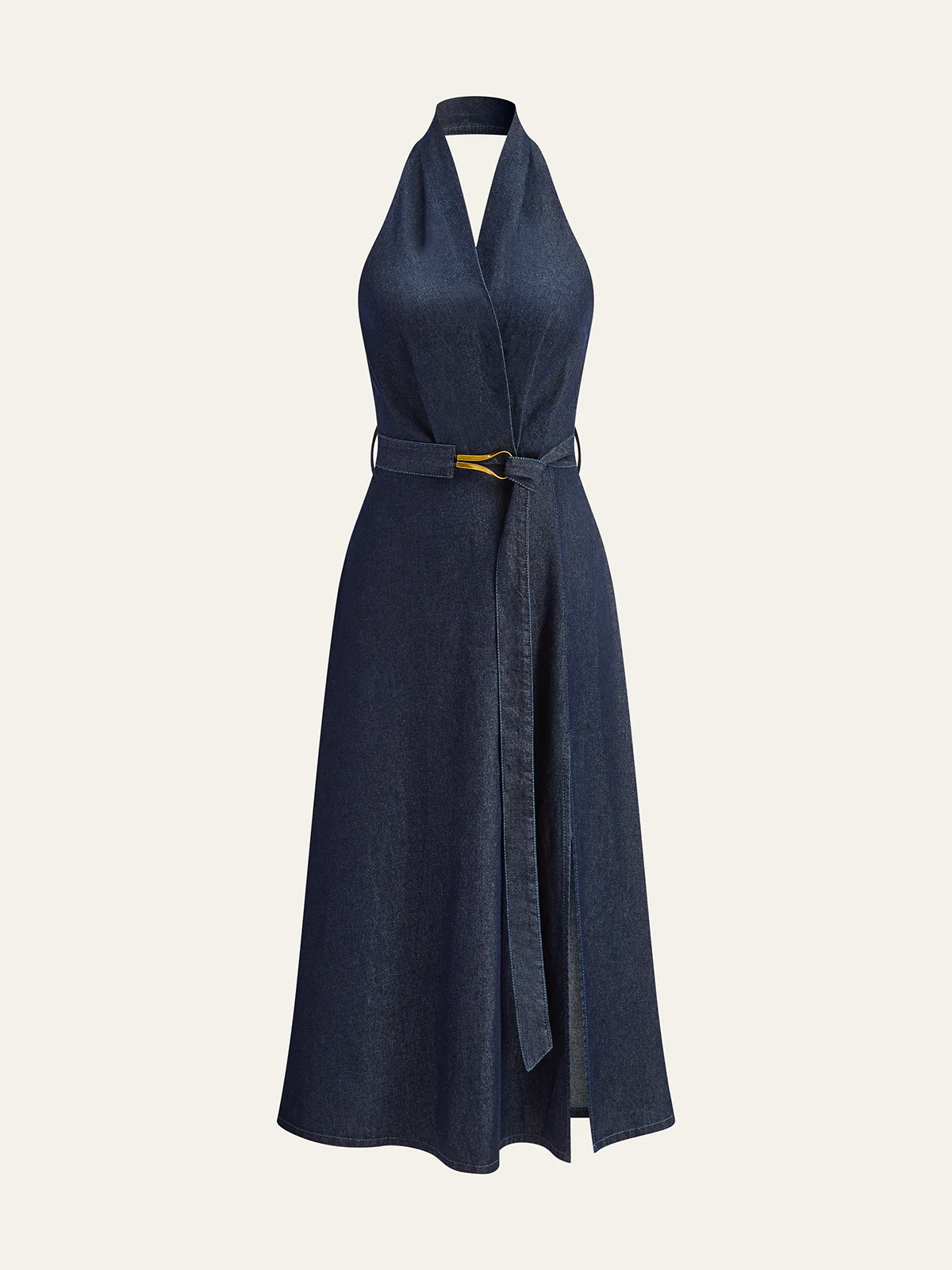 Denim Belted Halter Neck Midi Dress - Wholesalesil