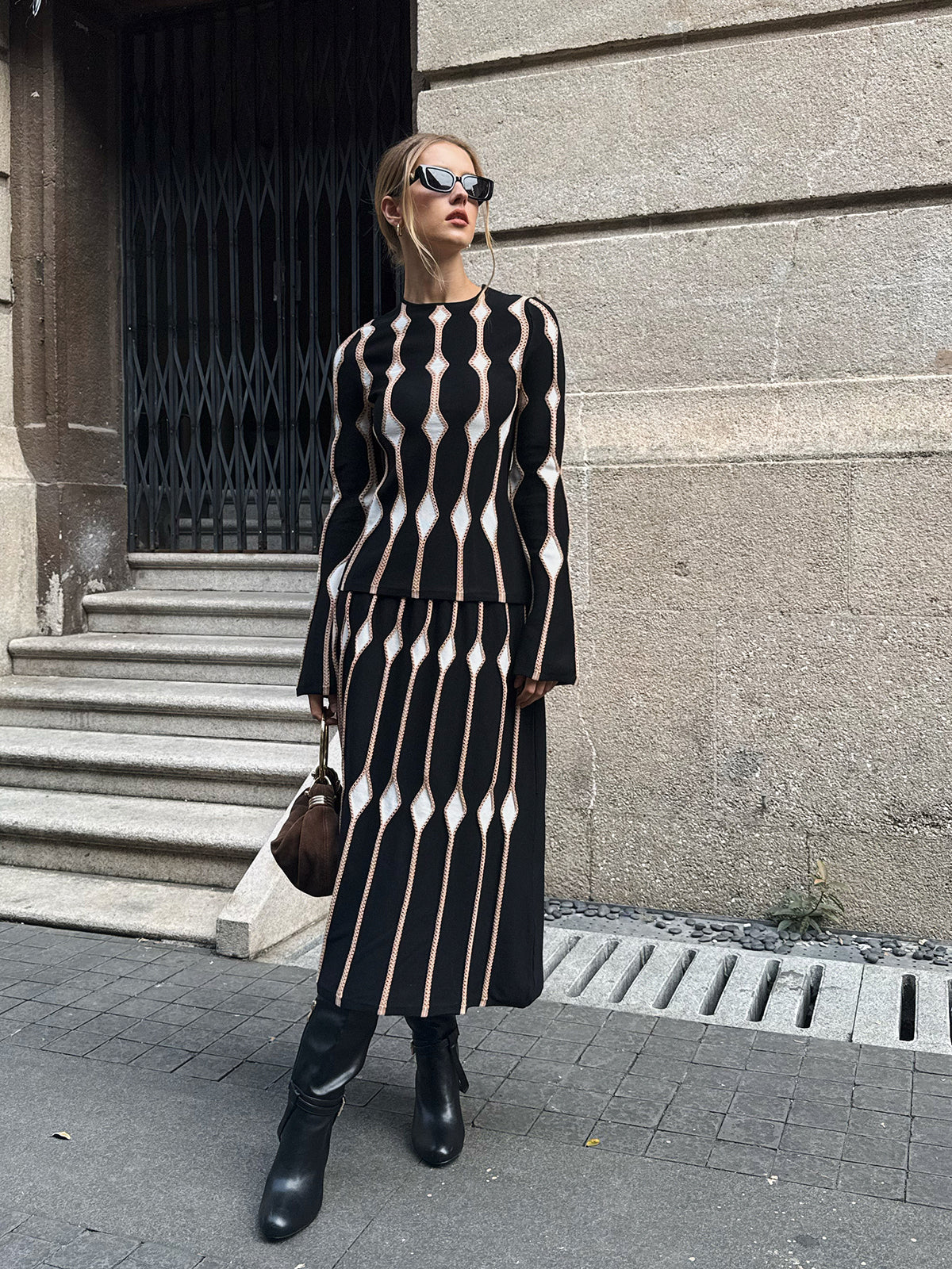 Geometric Pattern Knitted Maxi Skirt - Wholesalesil