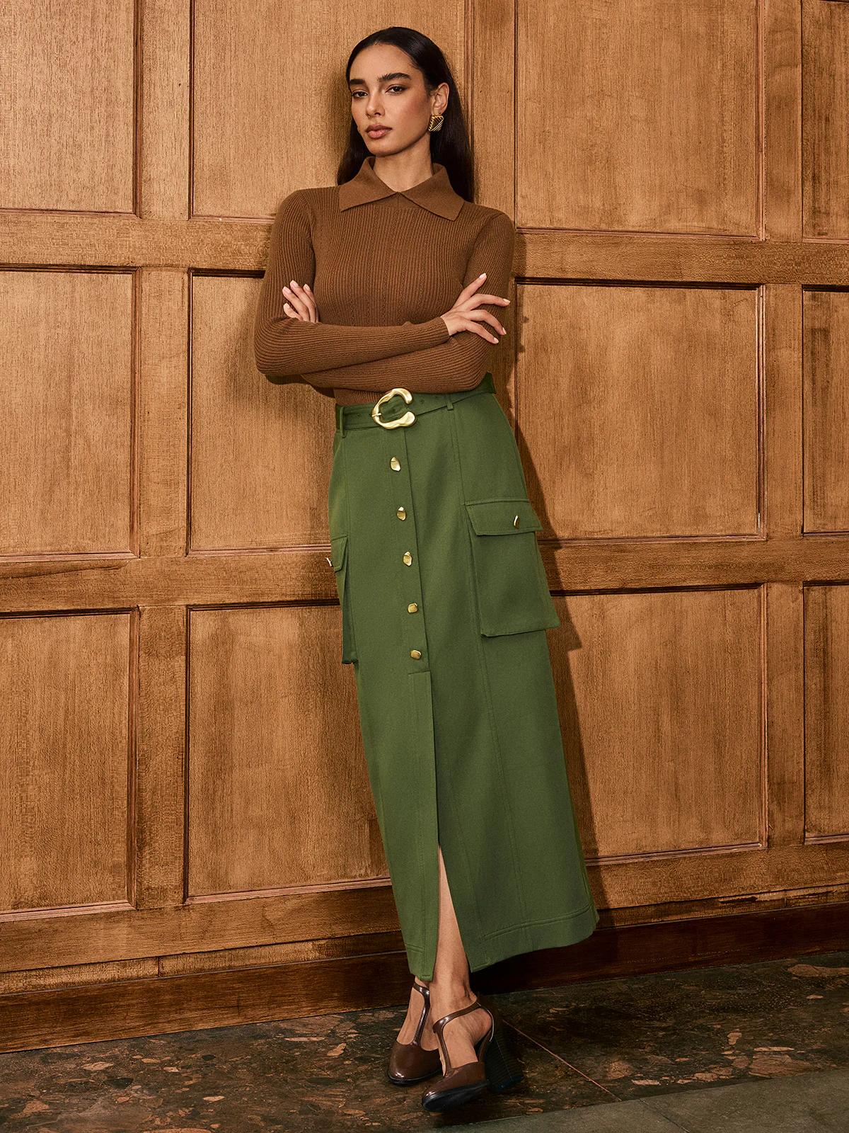 Metal Button Belted Slit Maxi Skirt - Wholesalesil