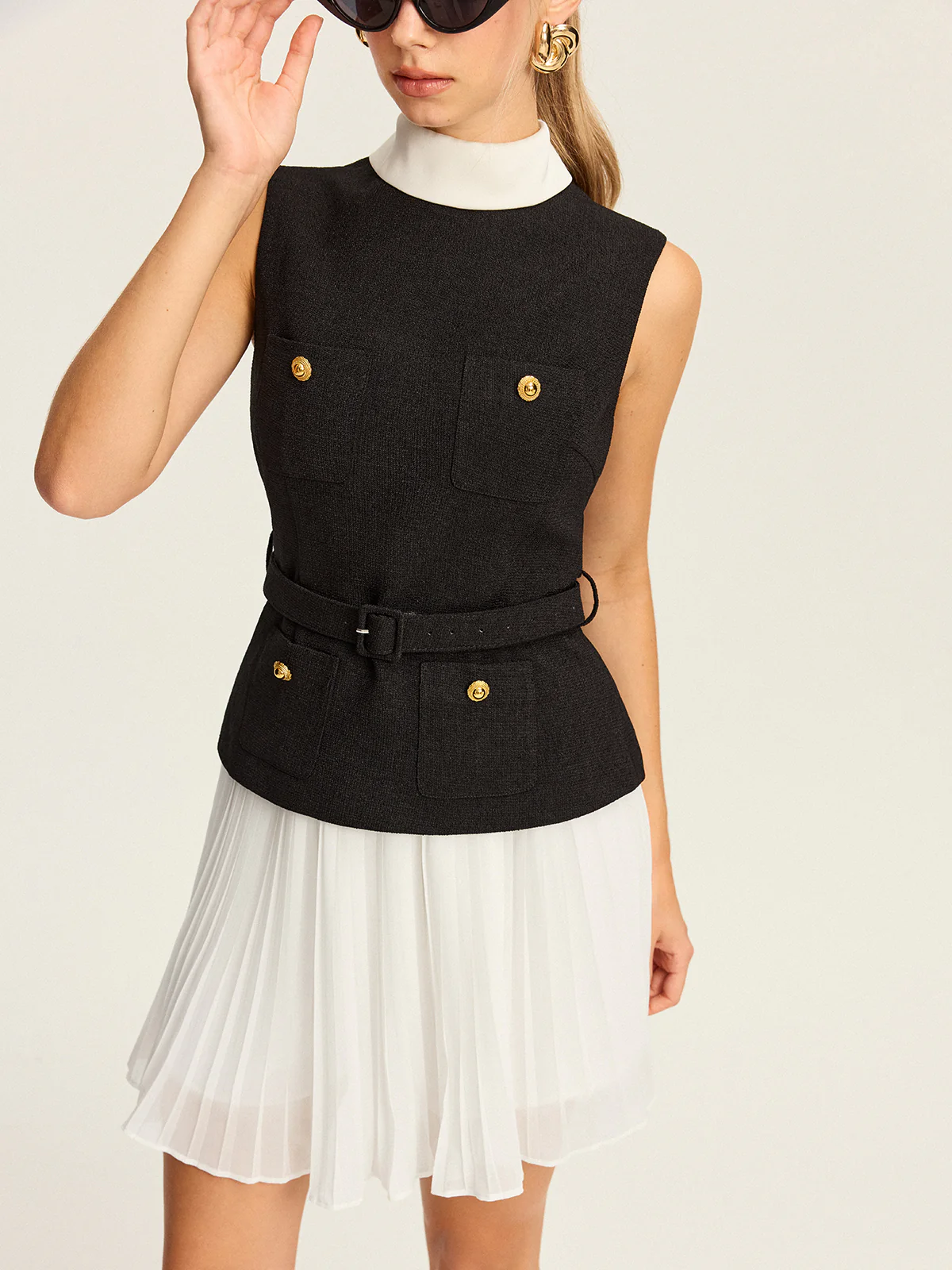 Sleeveless Belted Vest and Pleated Skirt Set - Wholesalesil