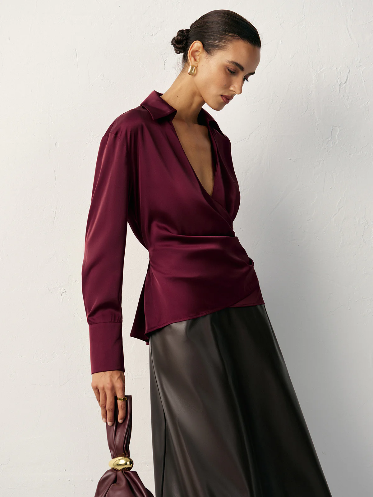 Wrap V-Neck Satin Shirt - Wholesalesil