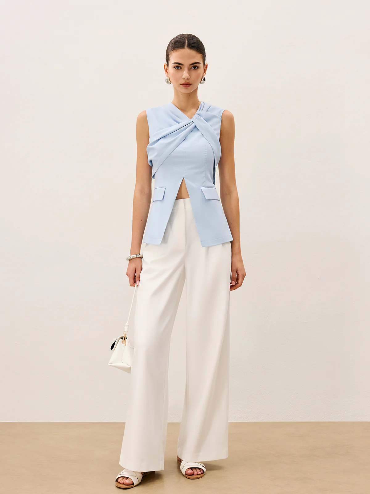 Linen & Cotton Pleated Sleeveless Vest - Wholesalesil