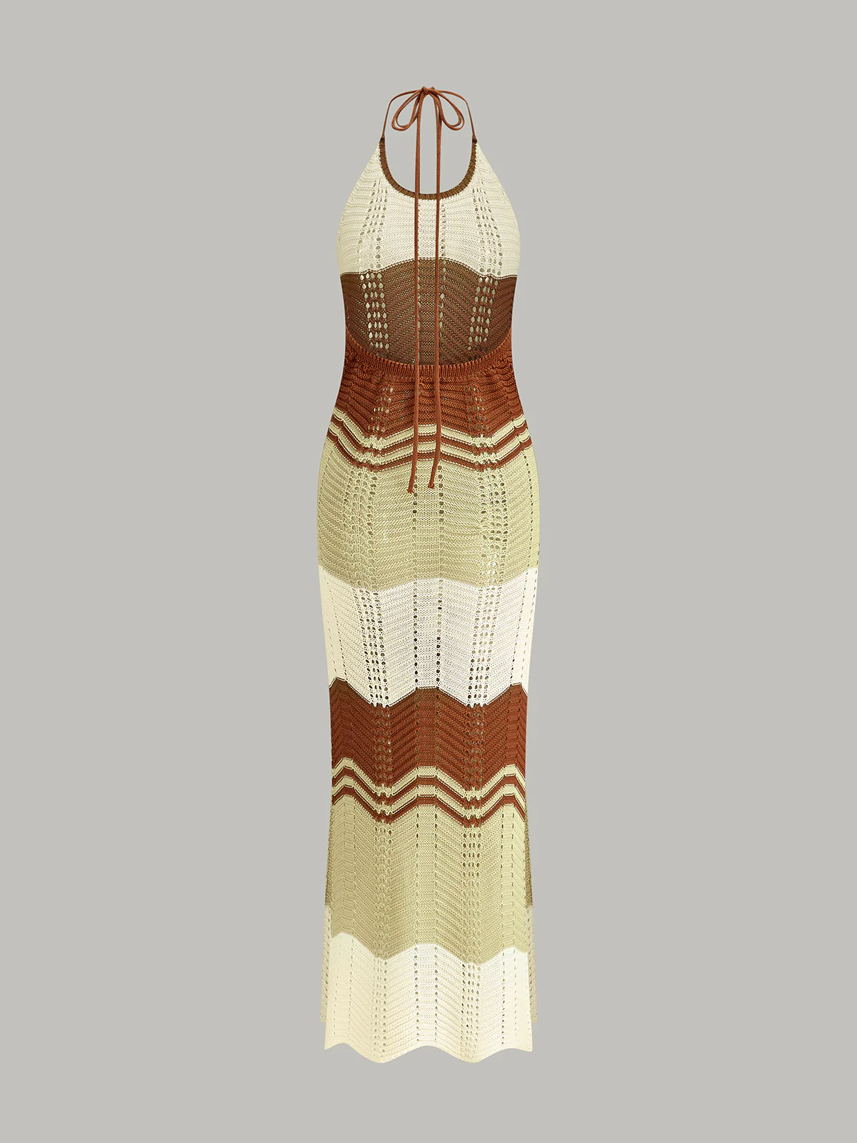 Semi-Sheer Contrast Stripe Crochet Halter Maxi Dress - Wholesalesil