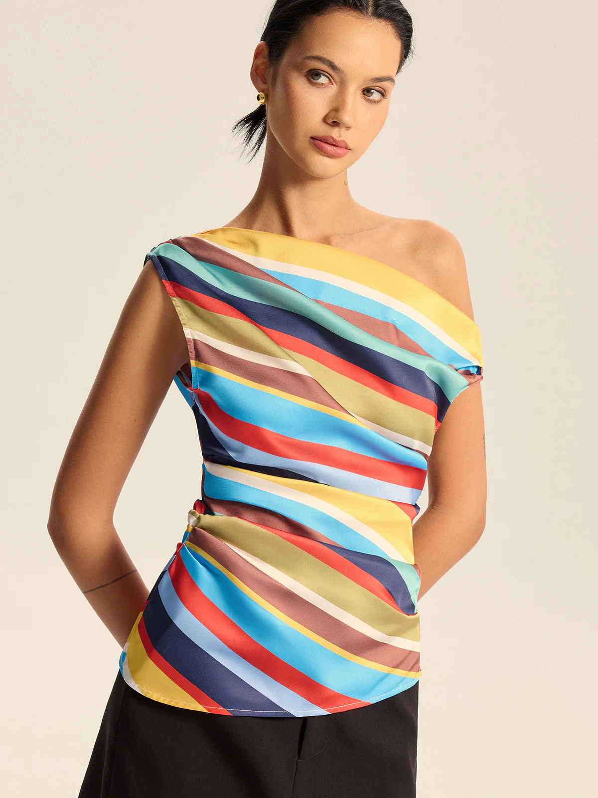 Colorful Striped One-Shoulder Top - Wholesalesil
