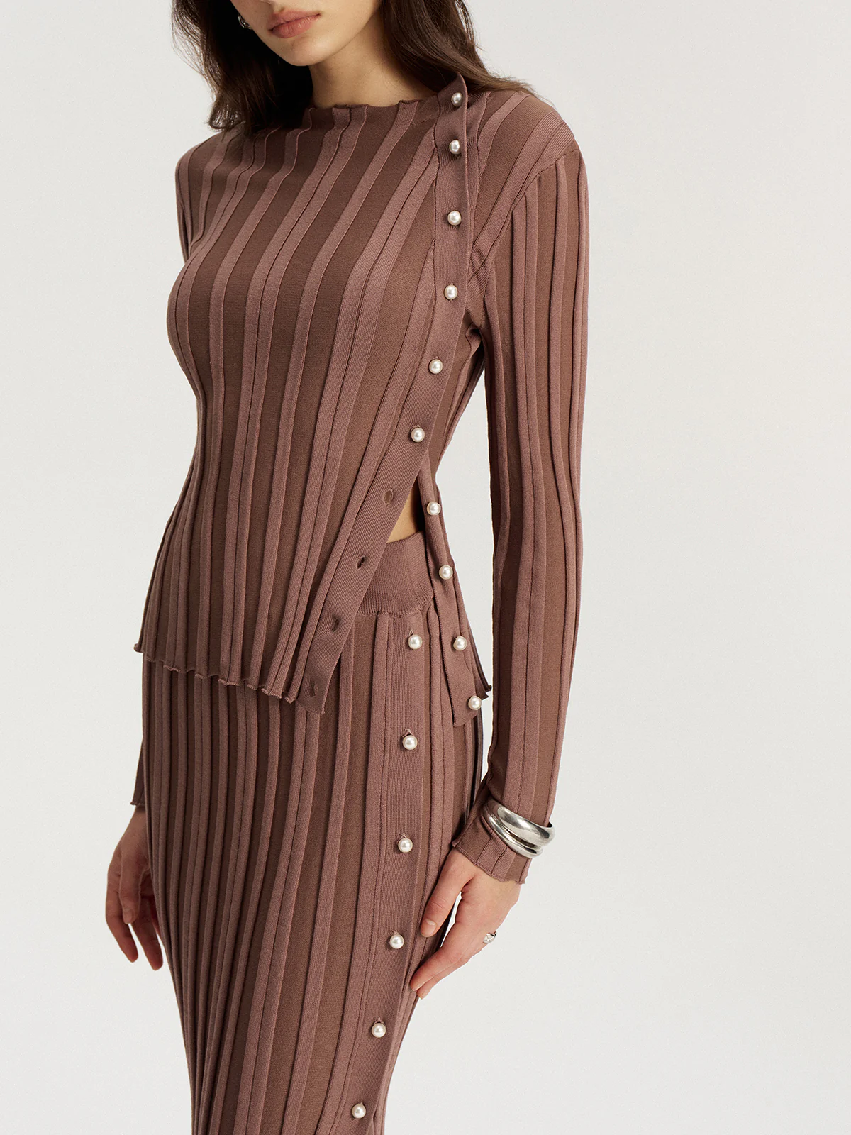 Side Button Knit Top and Midi Skirt Set - Wholesalesil
