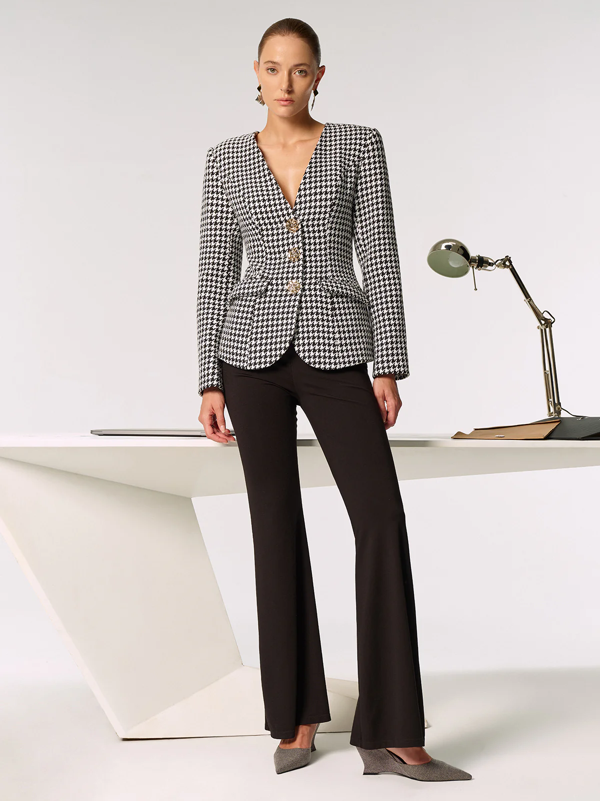 Metal Button Houndstooth Blazer - Wholesalesil
