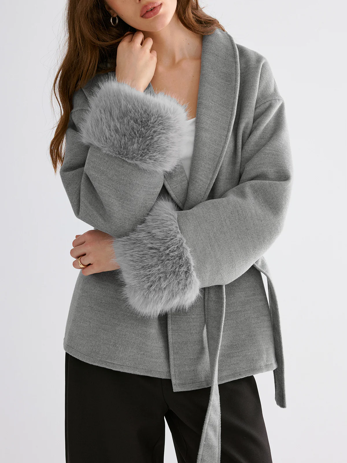 Faux Fur Cuff Belted Coat - Wholesalesil