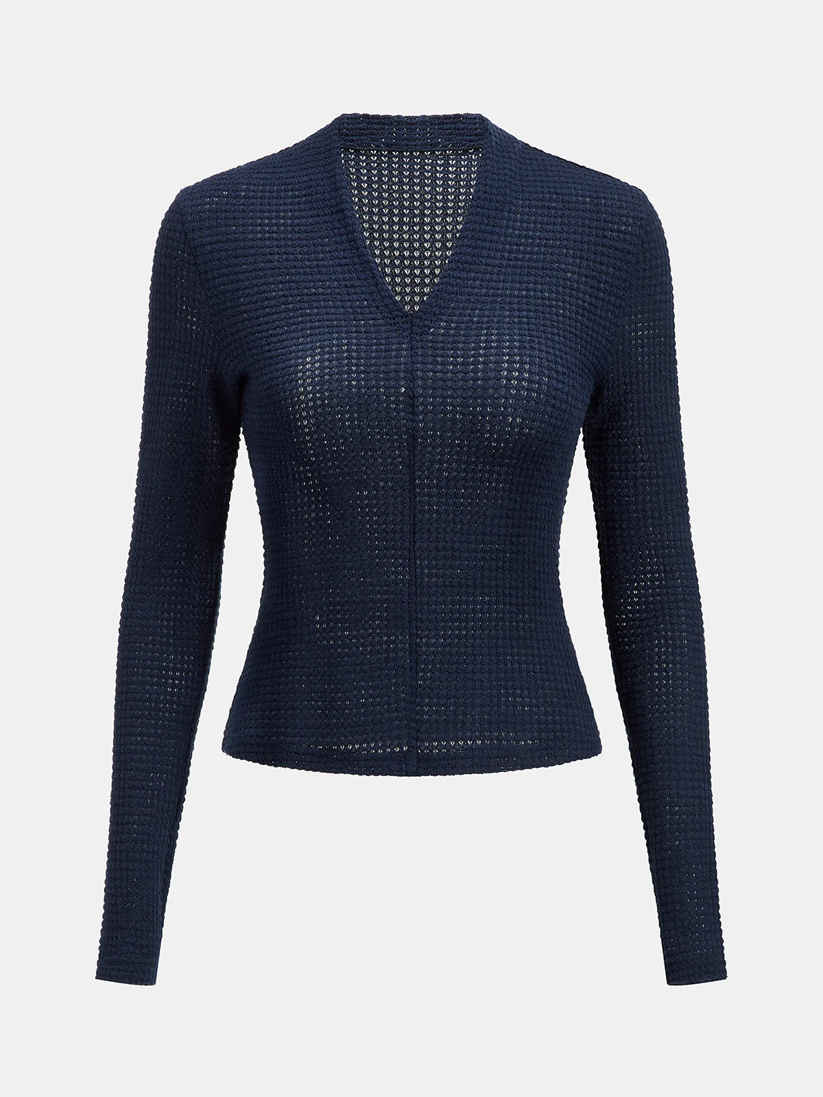 V-Neck Textured Knit Fitted Long-Sleeve Top - Wholesalesil