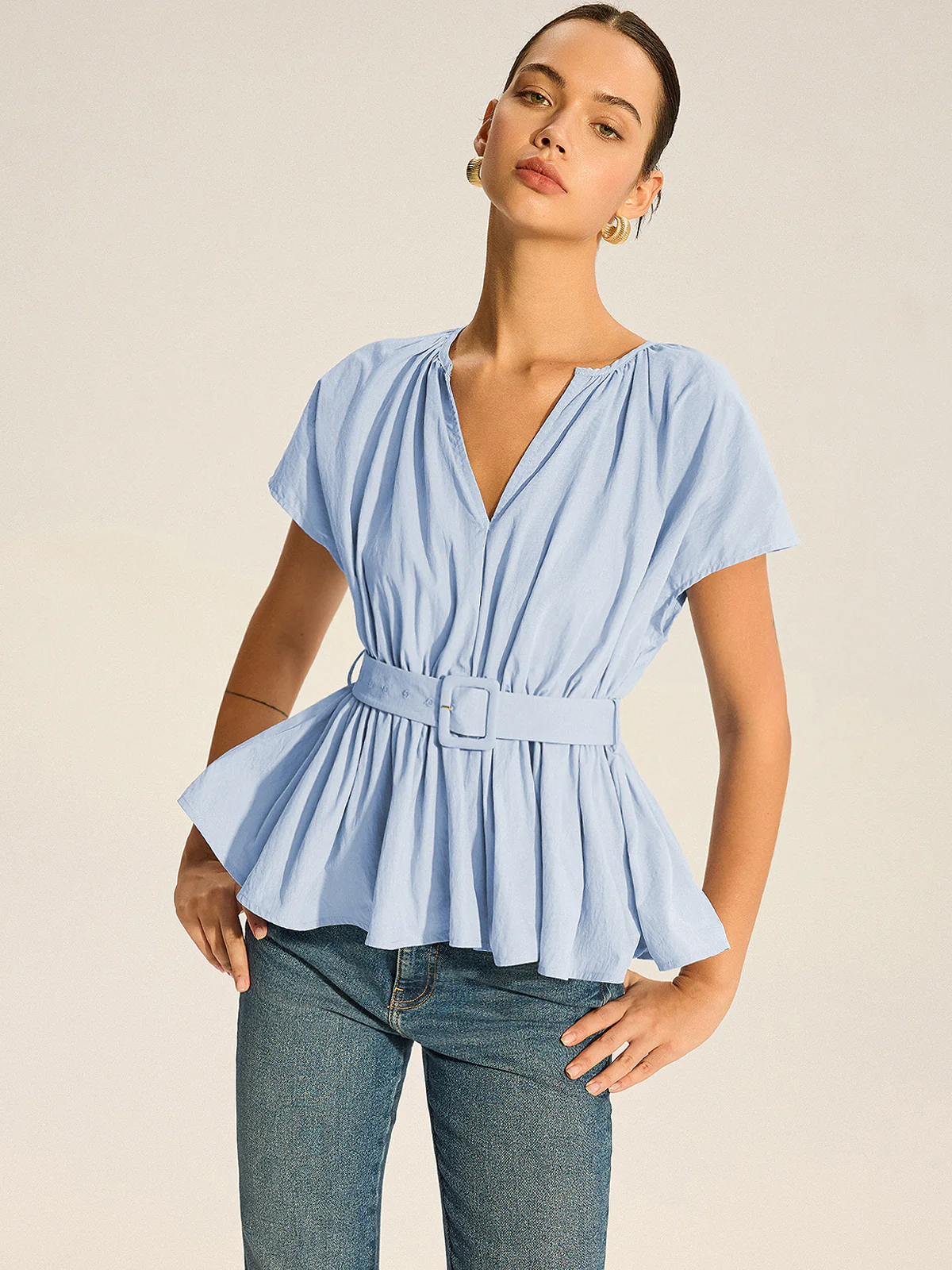 Belted V-Neck Pleated Peplum Top - Wholesalesil