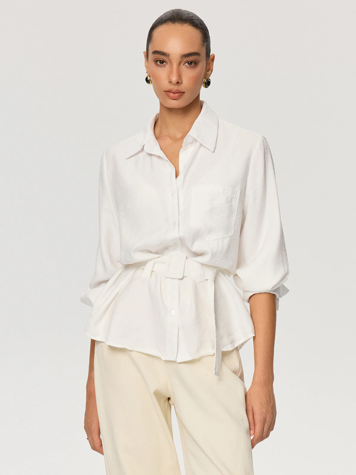 Long Sleeve Belted Cotton Shirt - Wholesalesil