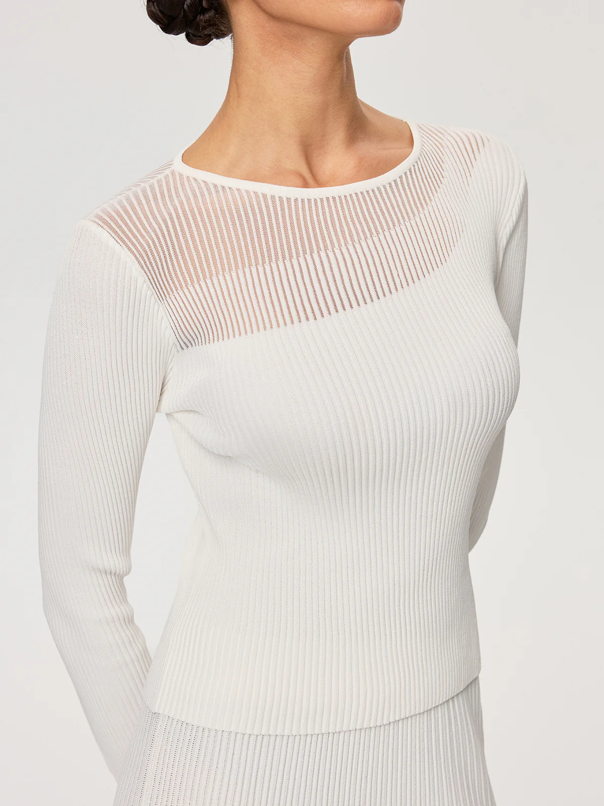 Sheer Panel Ribbed Knit Top - Wholesalesil