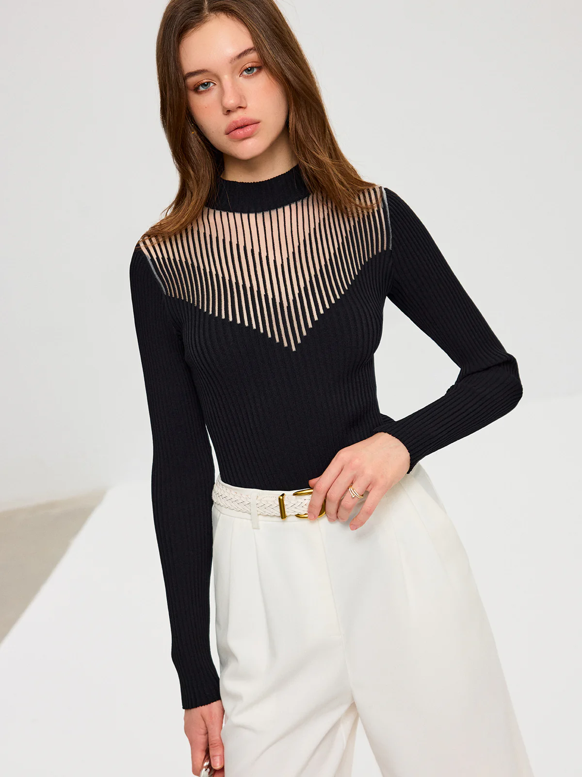 Striped Mesh Panel Ribbed Knit Top - Wholesalesil