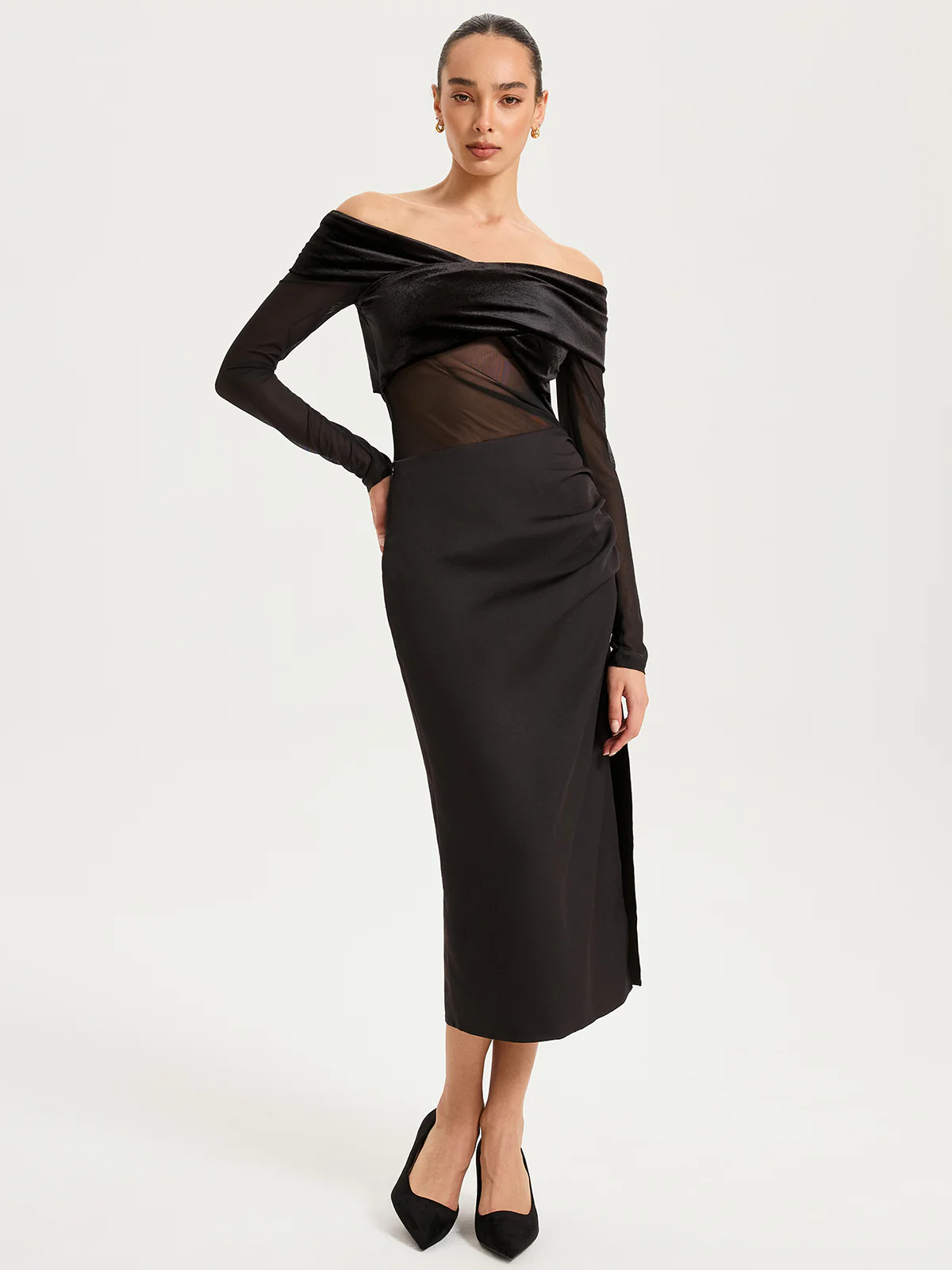 Mesh Paneled Velvet Off-Shoulder Long Sleeve Top - Wholesalesil