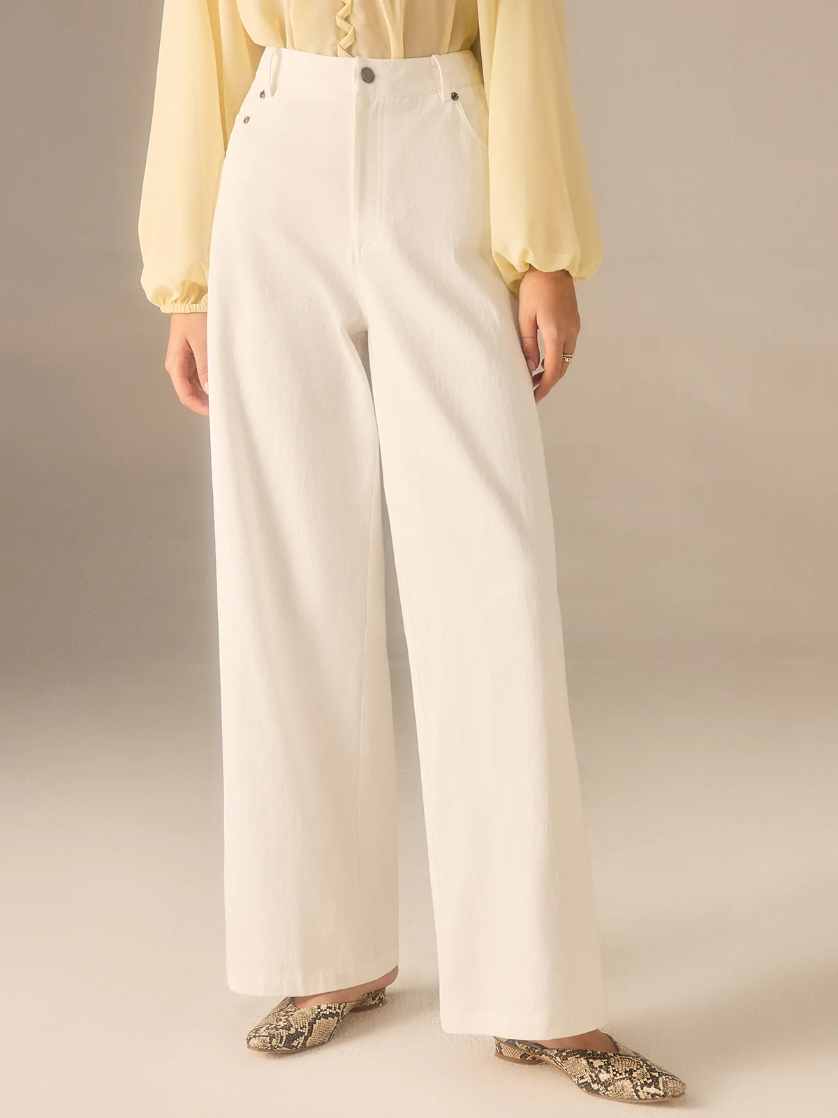 Cotton Twill Wide-Leg Pants with Metal Rivet Button - Wholesalesil