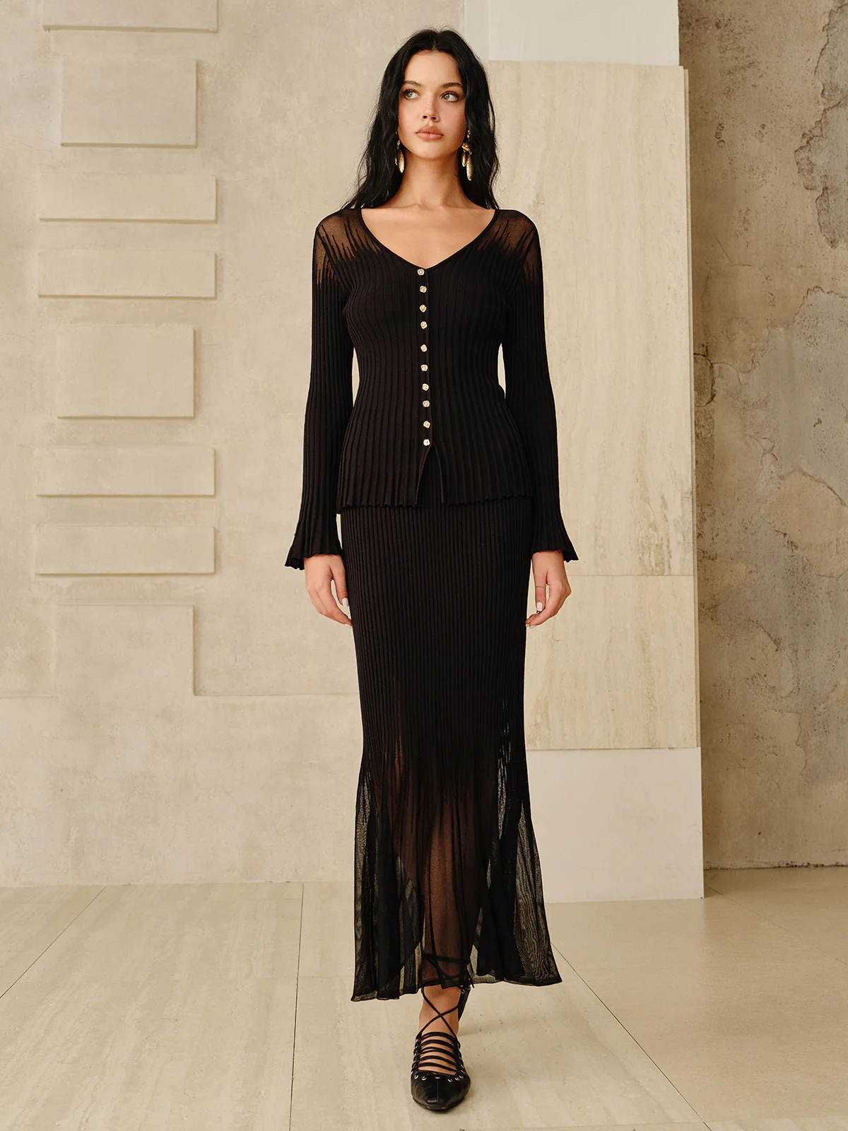 Mesh Hem Ribbed Knit Mermaid Skirt - Wholesalesil