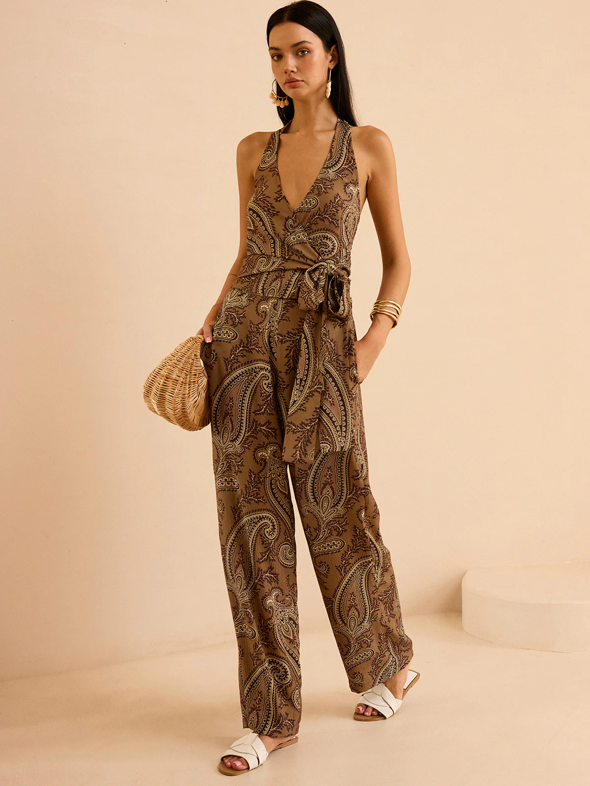 Paisley Print Halter Top and Pants Set - Wholesalesil