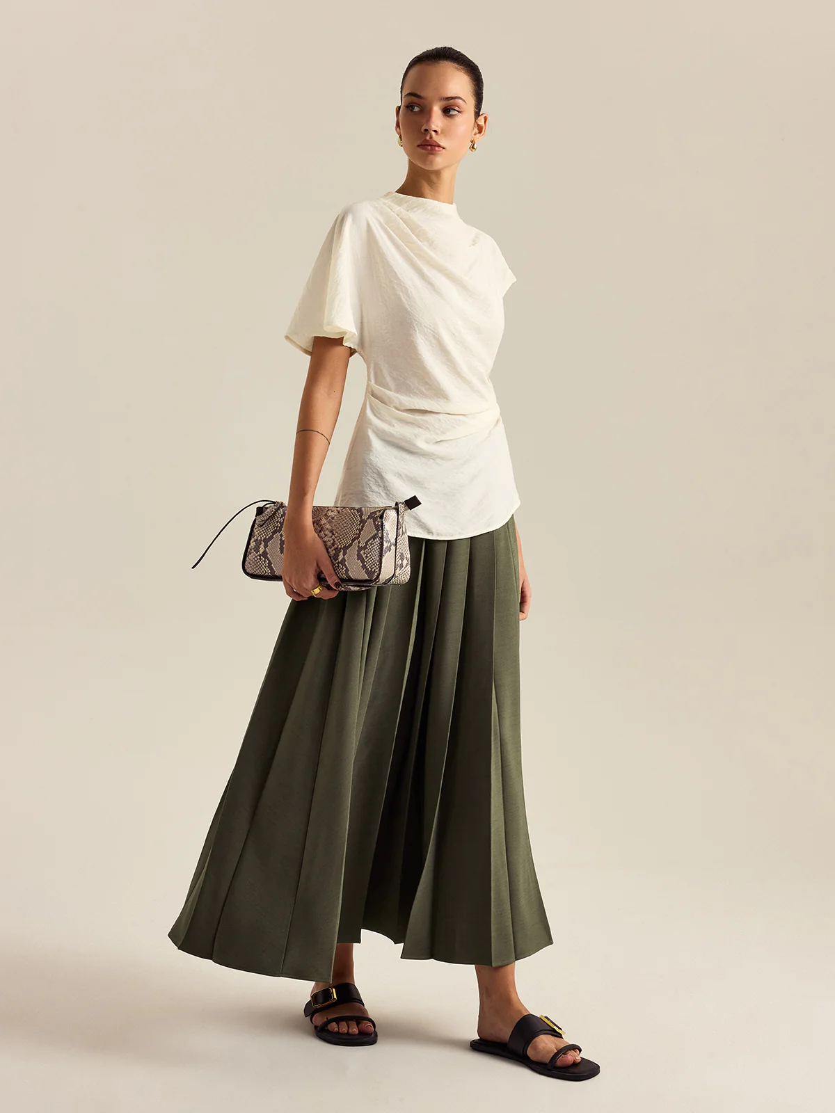 Pleated Midi Skirt with Side Slit - Wholesalesil