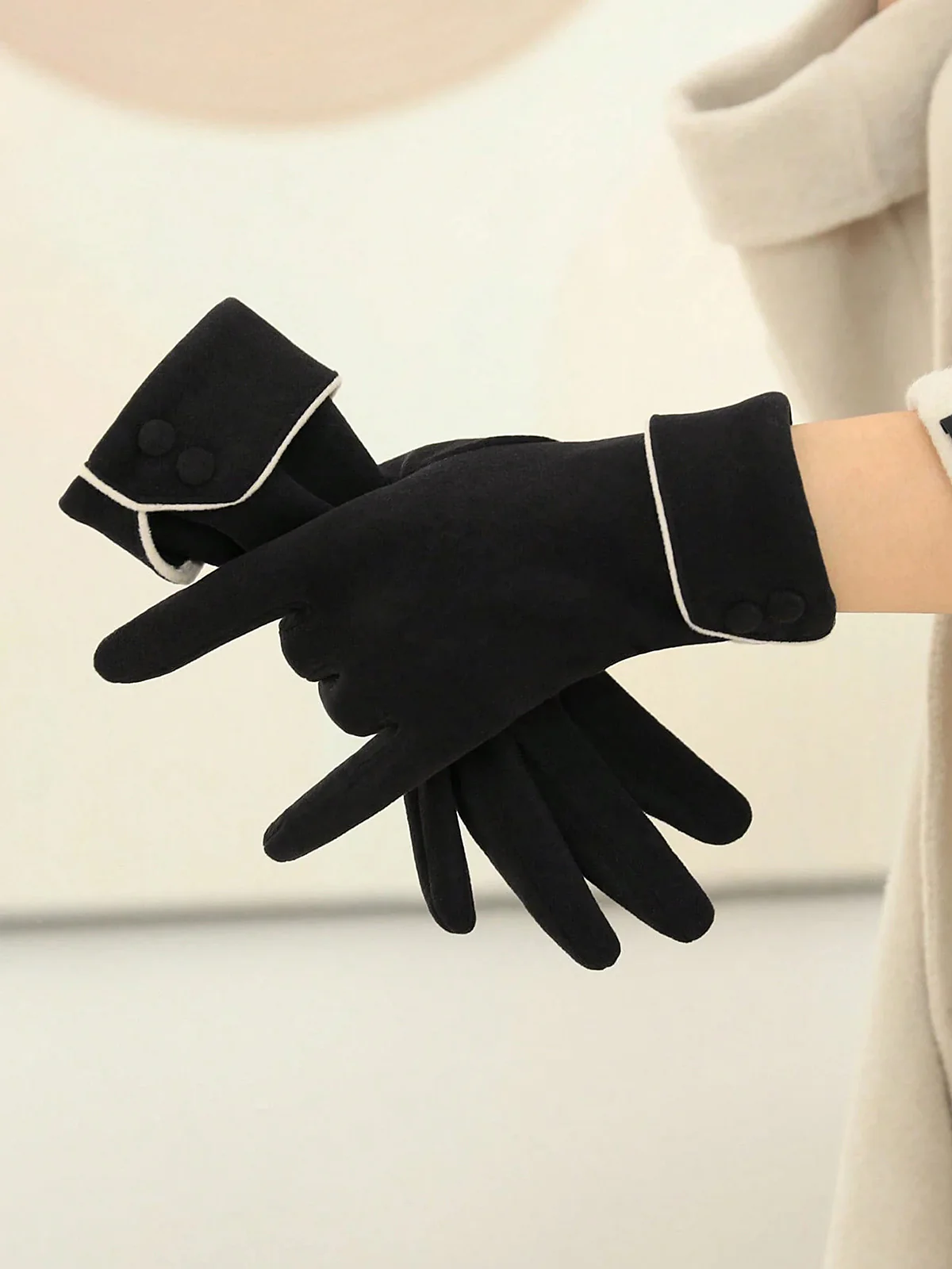 Contrast Piping Button Detail Gloves - Wholesalesil