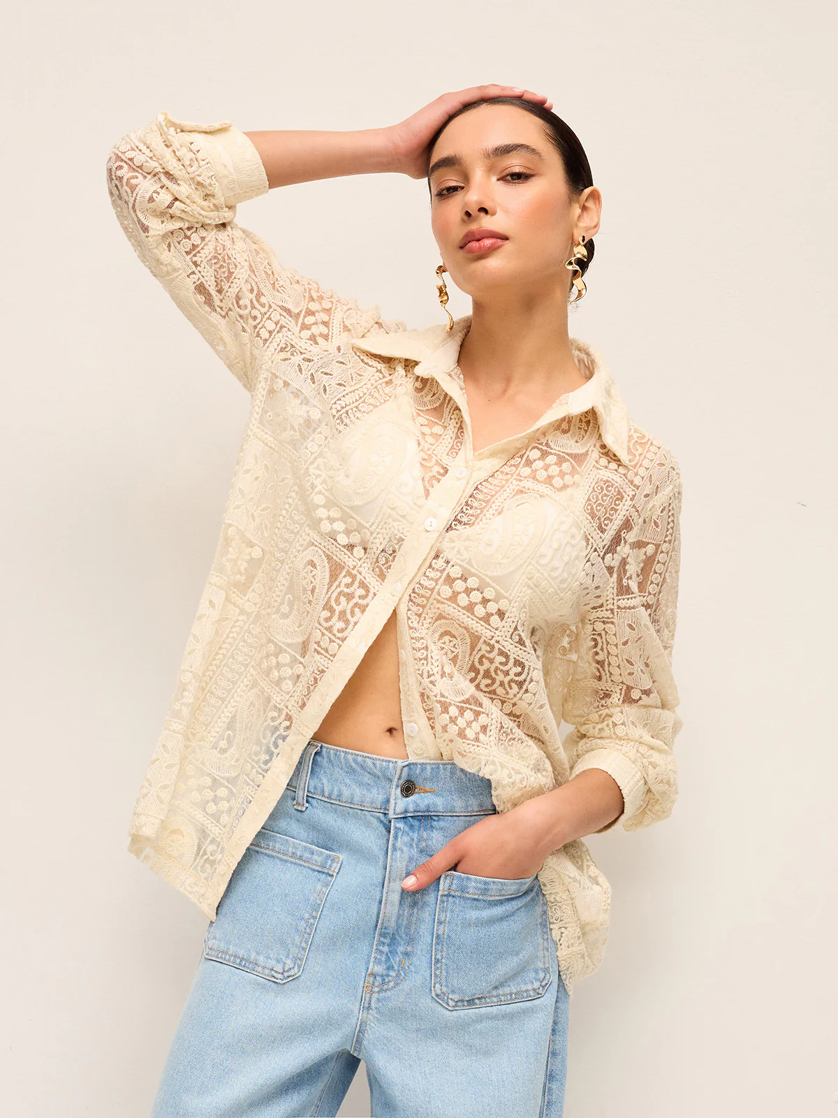 Long-Sleeve Lace Polo Collar Cotton-Blend Shirt - Wholesalesil