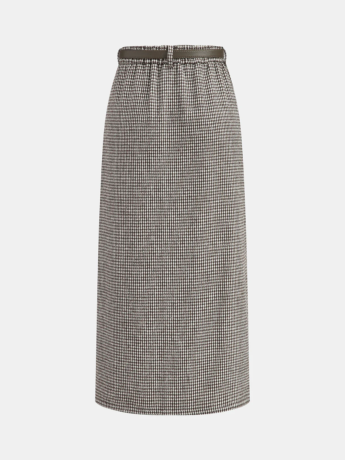 Houndstooth Tweed Belted Midi Skirt - Wholesalesil
