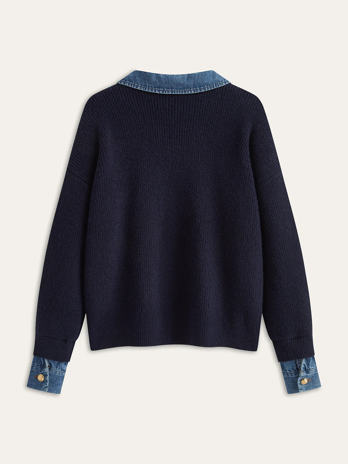 Denim Panel Asymmetric V-Neck Knit Top - Wholesalesil