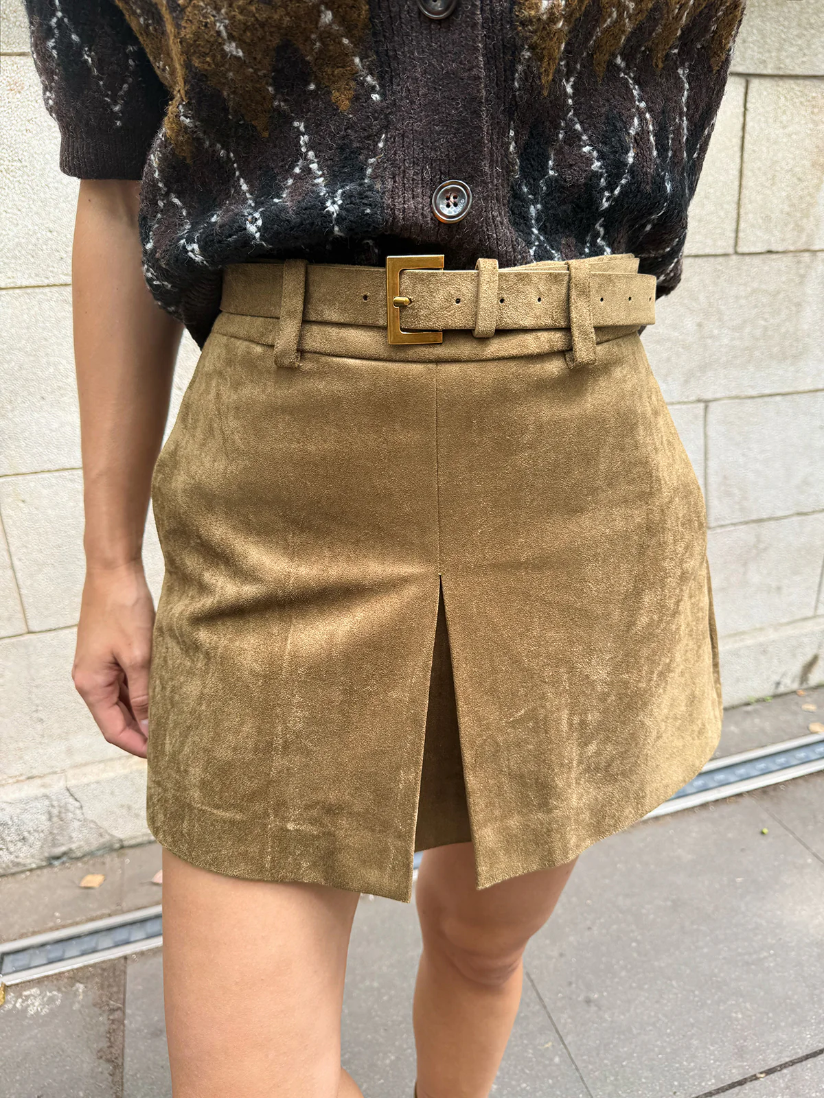 Belted Suede Effect Slit Mini Skirt - Wholesalesil