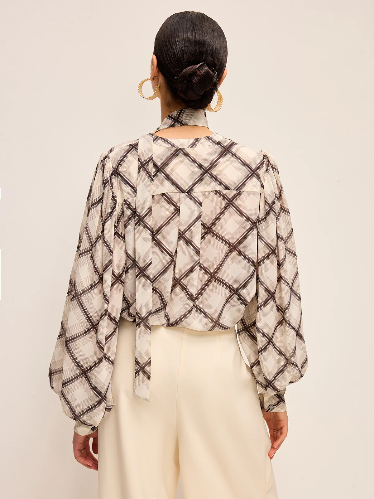 Long-Sleeve Plaid Chiffon Shirt With Neck-Tie Detail - Wholesalesil