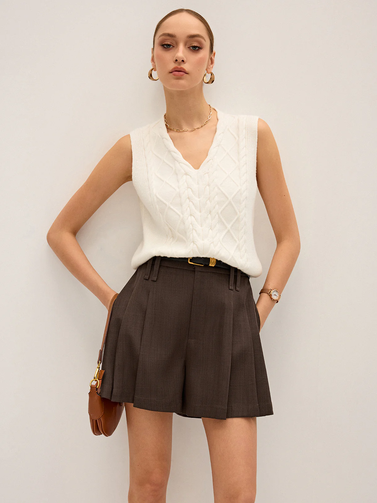 Pleated Mid-Waist Shorts without Belt - Wholesalesil