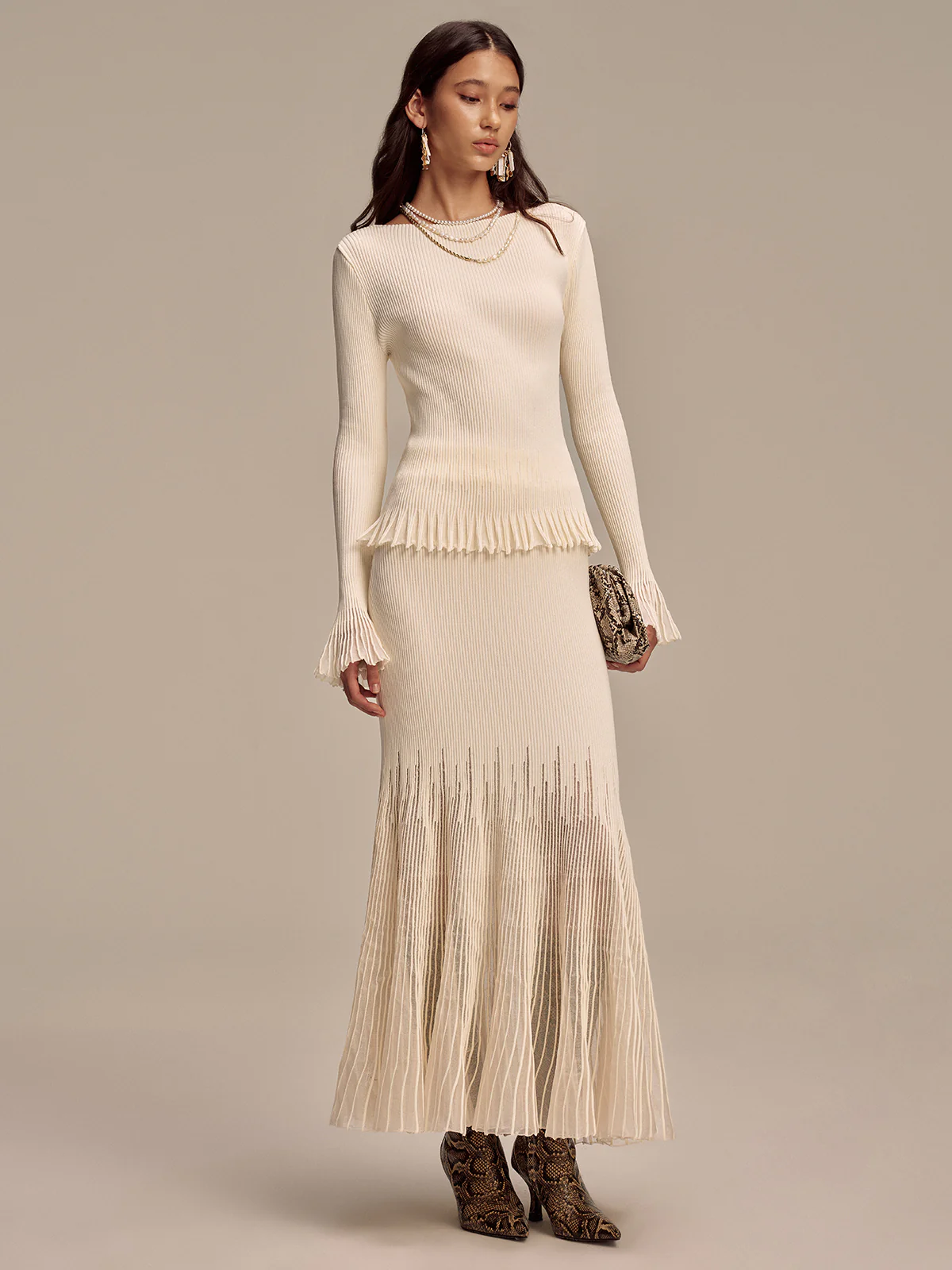 Ribbed Knit Mesh Ruffled Hem Bell Sleeve Top - Wholesalesil