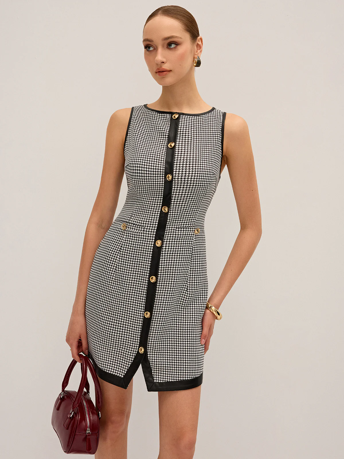 Houndstooth PU Leather Trim Mini Dress - Wholesalesil
