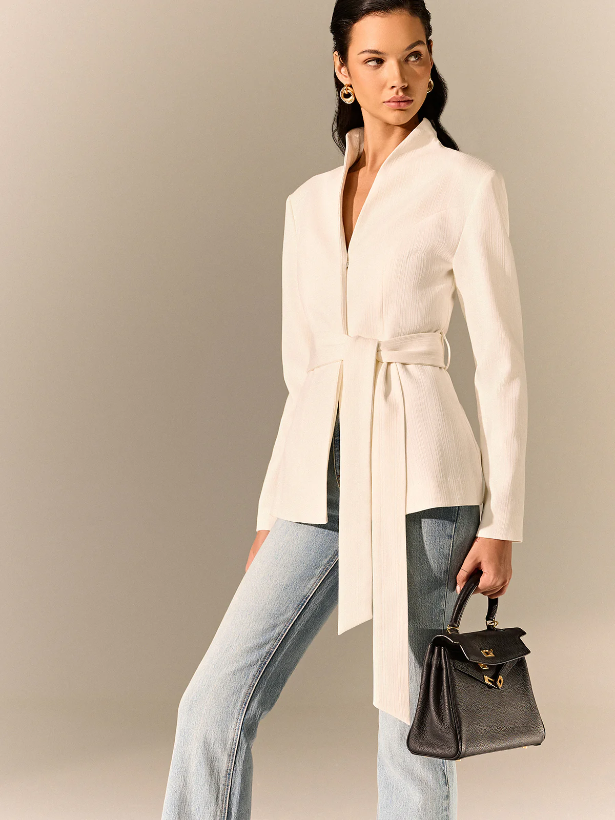 Stand Collar Belted Long Sleeve Blazer - Wholesalesil