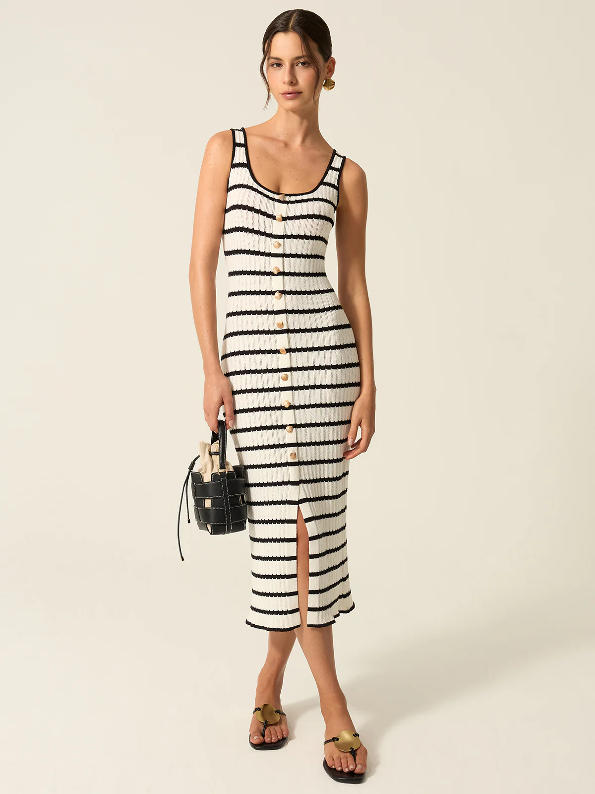 Striped Knit Midi Dress with Front Buttons and Slit Detail - Wholesalesil