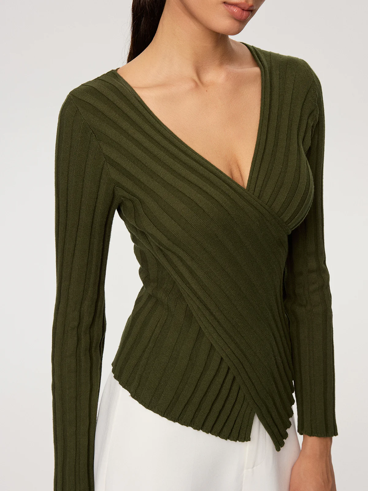Cross-Over V-Neck Fitted Ribbed Knit Top - Wholesalesil