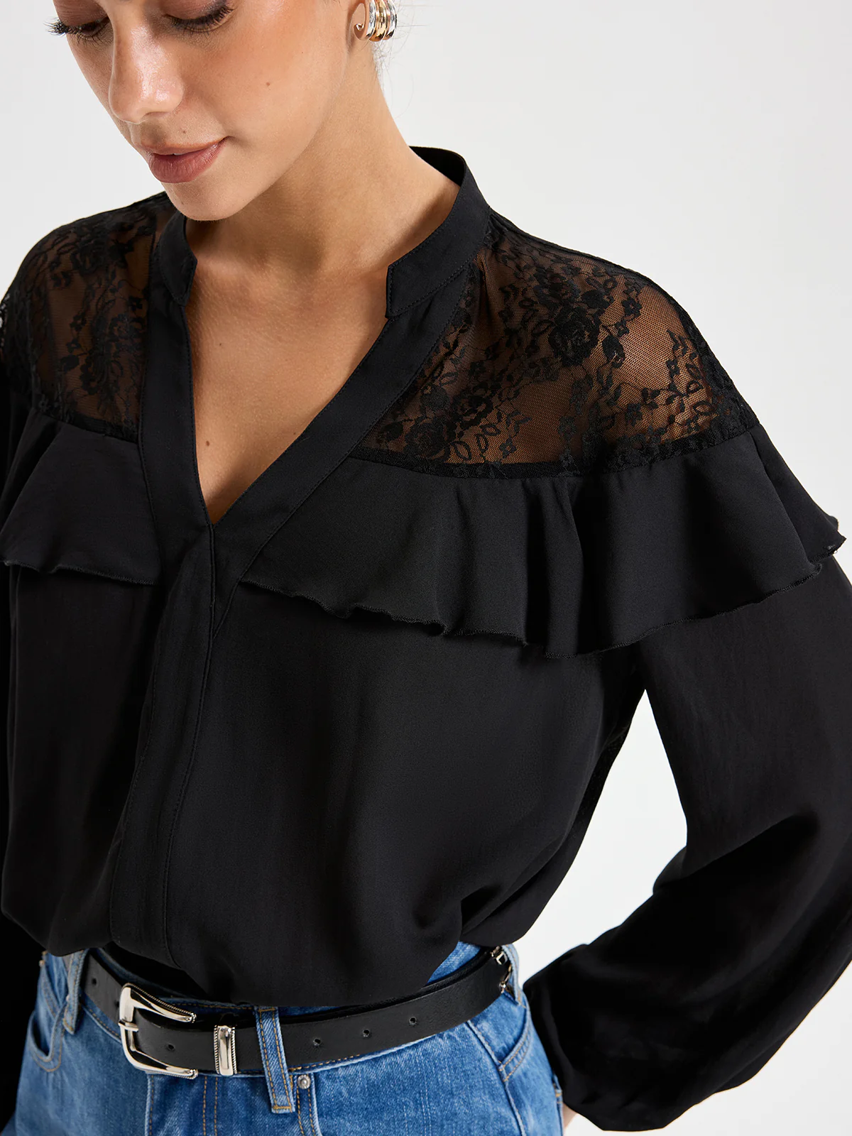 Black Lace Detailed Long Sleeve Blouse - Wholesalesil