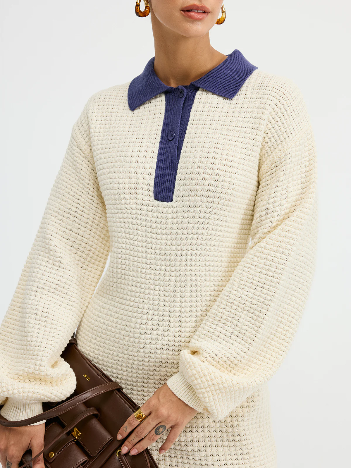 Contrast Collar Waffle-Knit Maxi Dress - Wholesalesil