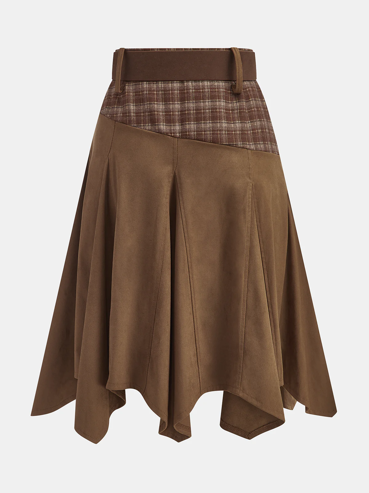 Plaid Panel Suede Effect Midi Skirt with Belt - Wholesalesil