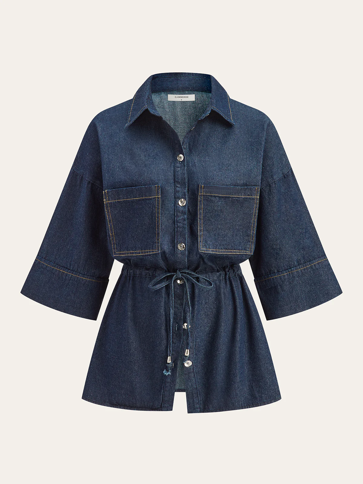 Long Denim Shirt with Drawstring Waist - Wholesalesil