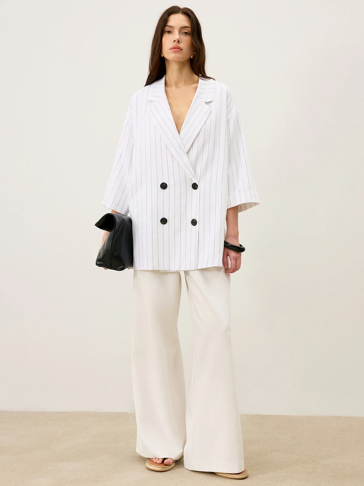 Linen&Cotton Oversized Striped Side Slit Double-Breasted Blazer - Wholesalesil