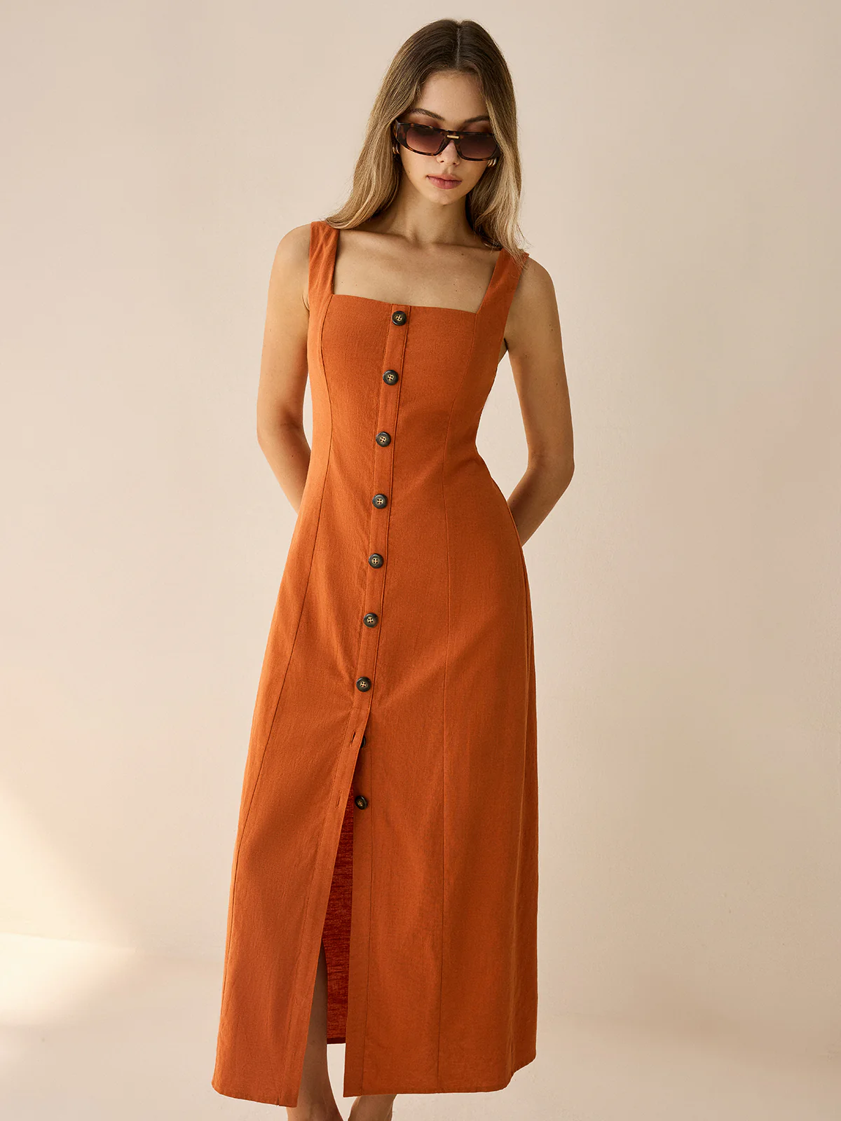 Square-Neck Button-Front Maxi Dress with Slit - Wholesalesil