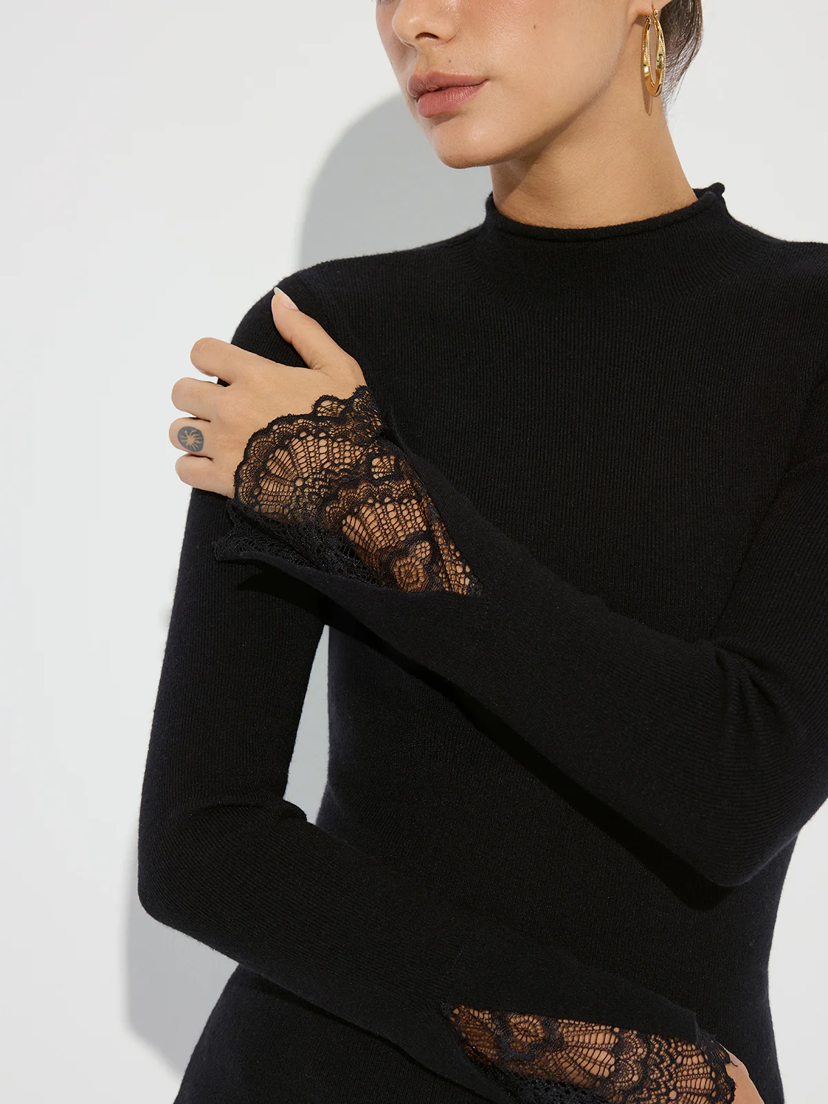 Mock Neck Lace Cuff Knit Top - Wholesalesil