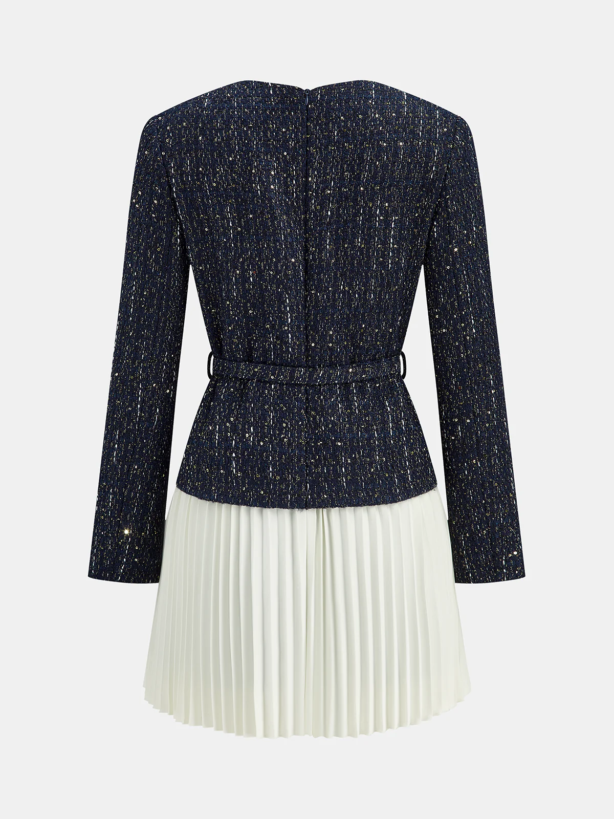 Pleated Hem Panel Tweed Belted Mini Dress - Wholesalesil