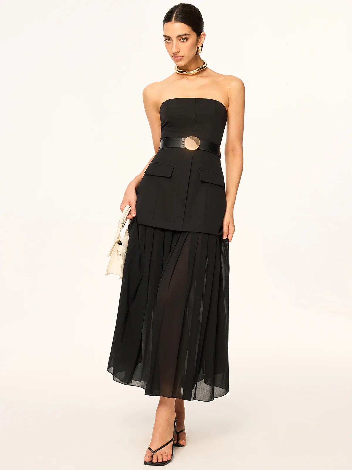Semi-Sheer Strapless Belted Midi Dress with Chiffon Hem - Wholesalesil