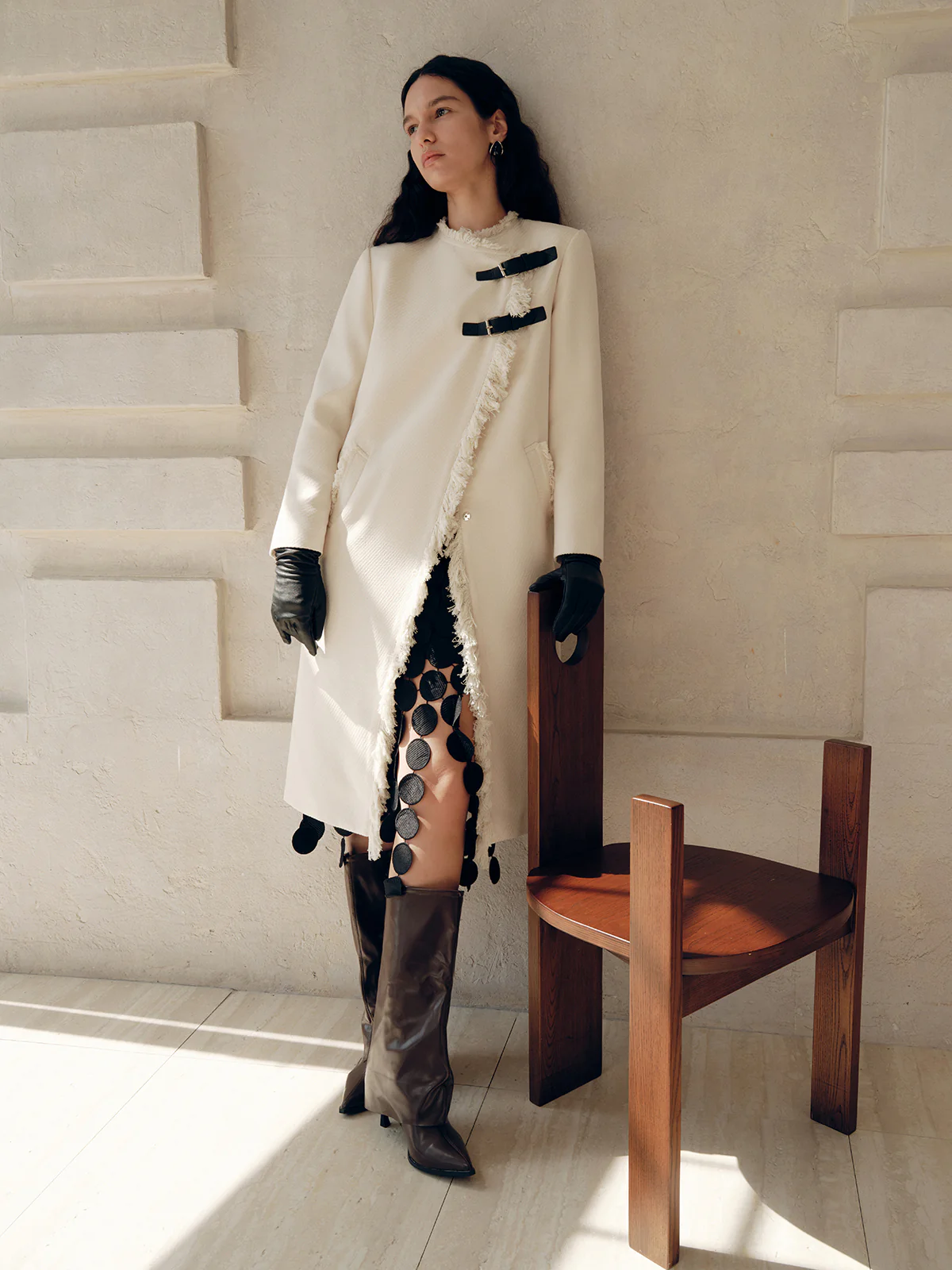 Fringe Trim Buckle Detail Long Coat - Wholesalesil