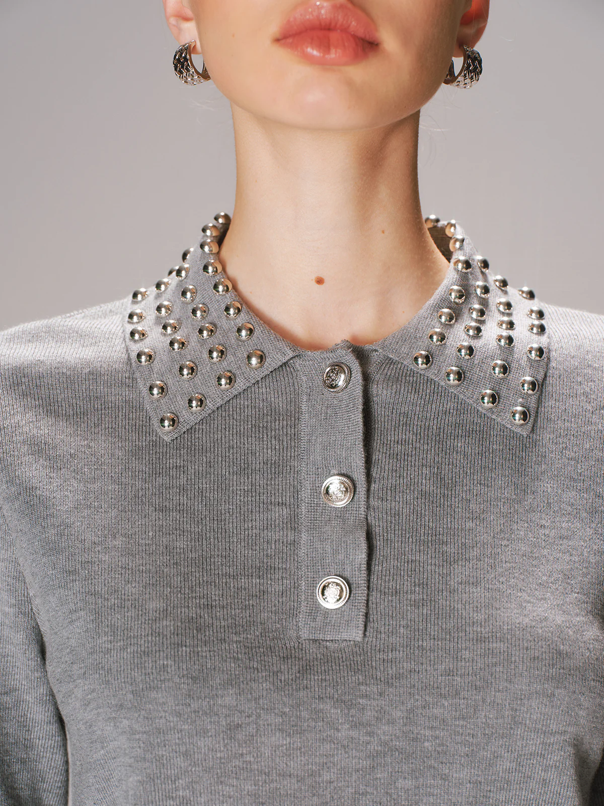 Studded Collar Wool-Blend Knit Polo Sweater - Wholesalesil