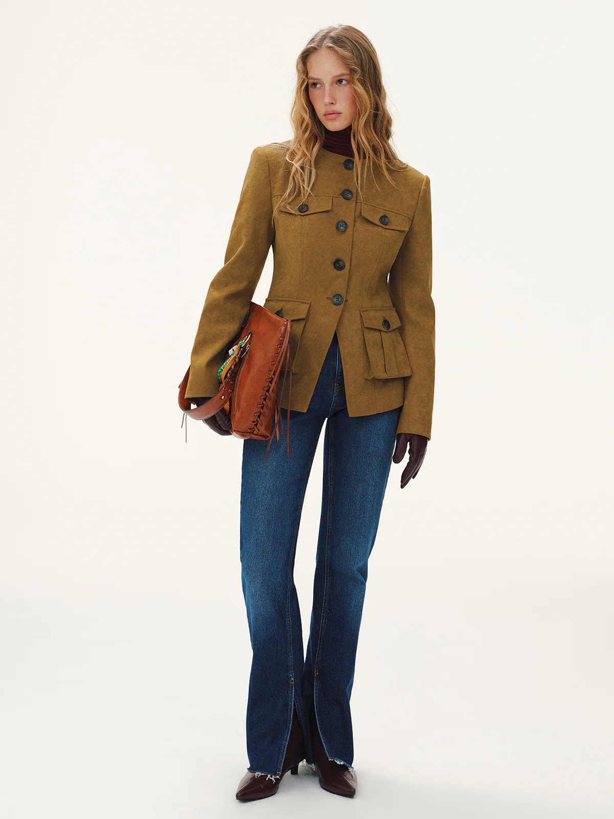 Button-Front Suede-Effect Blazer - Wholesalesil